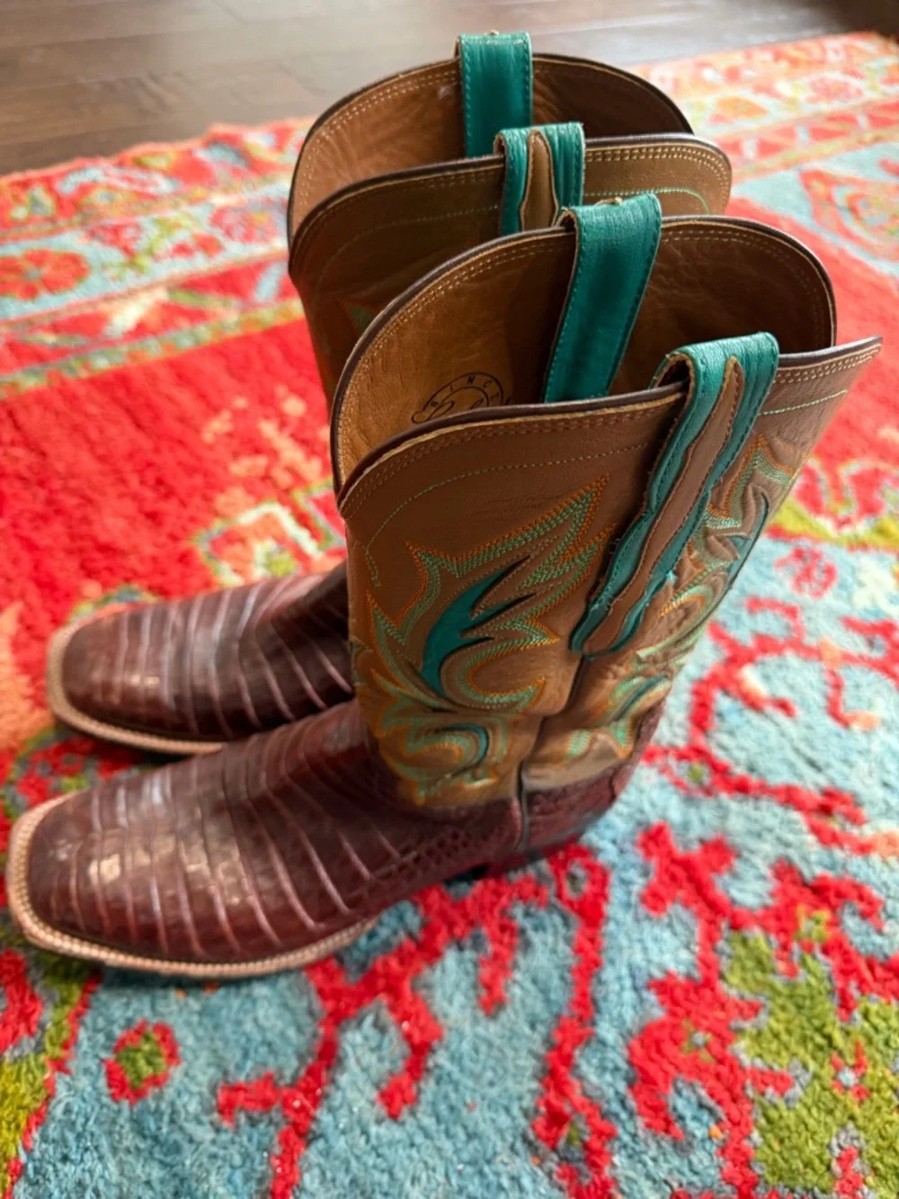 Lucchese Tobacco Caiman Exotic Cowboy Boots with Turquoise Upper - Picture 1 of 6